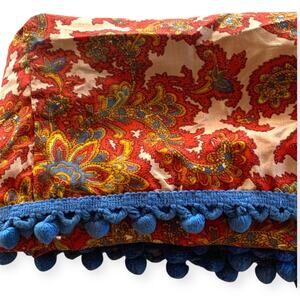 Vintage MCM Floral Paisley Tablecloth Red Tan Gold Blue Pom Pom Trim 57 x 76
